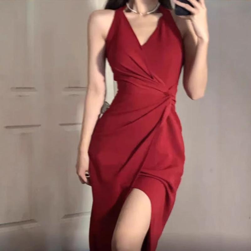 ワンピース レディース セクシー 甘辛い 細見え 中長スカート 赤色 夏季 綿 伸縮性 軽量 吸湿速乾 高級感 普段使い 通勤用 アウトドア