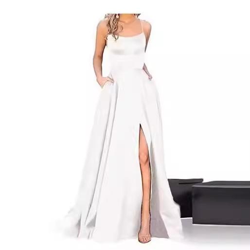 レディース ワンピース 女性用 欧米風 無地 ファッション ストラップ エレガント スリット パーティー イブニングドレス 高級感 光沢 シルク素材 ブラック ピンク系