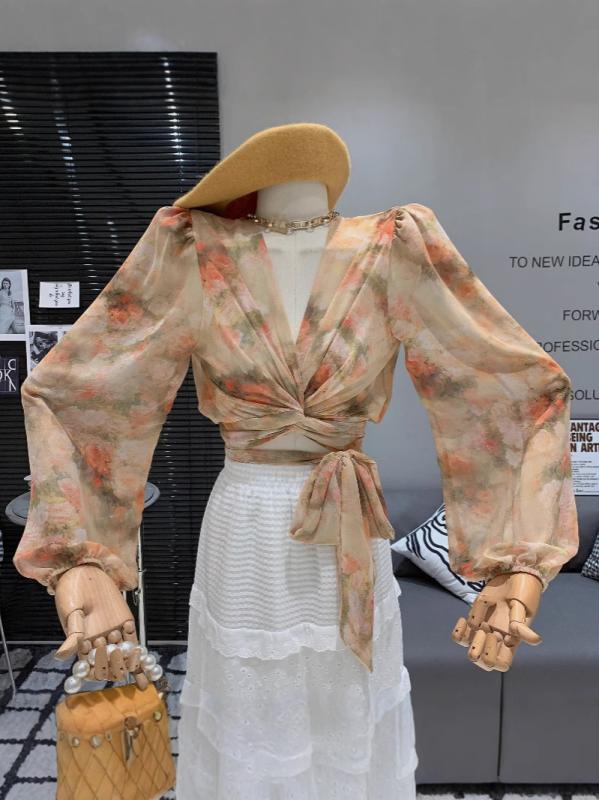 シャツ レディース フレンチスタイル シフォン トップス Vネック クロスストラップ 高級感 かわいい 若返り ウエストシェイプ 細見え 洋風 軽量 吸湿速乾 普段使い