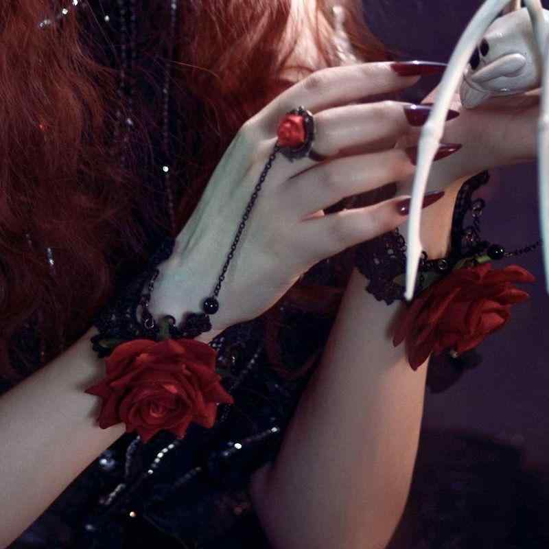 レディース アクセサリー ヴィンテージ レトロ ハロウィン レース 赤 バラ ブレスレット 指輪 セット バンド 新婦 ジュエリー ウェディング 秋 高級感 レース素材