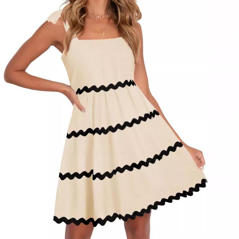 ワンピース レディース ショートスリーブ Aライン 背中出し プリーツ ショルダーストラップ 洋風 綿素材 接触冷感 軽量 普段使い