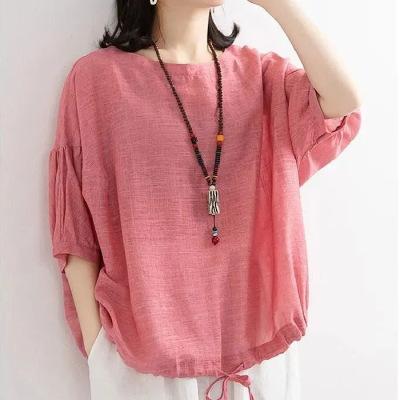 Tシャツ レディース ゆったり ビッグシルエット カジュアル コウモリ袖 裾ドローストリング ラウンドネック ミディアムスリーブ プルオーバー 綿 接触冷感 普段使い 夏