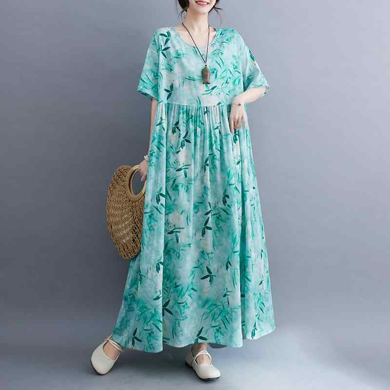 大きいサイズ 婦人服 シンプル ファッションの ボヘミアンの 長い スカートの 夏の 新型の 半袖の 丸首の プリントの ワンピース