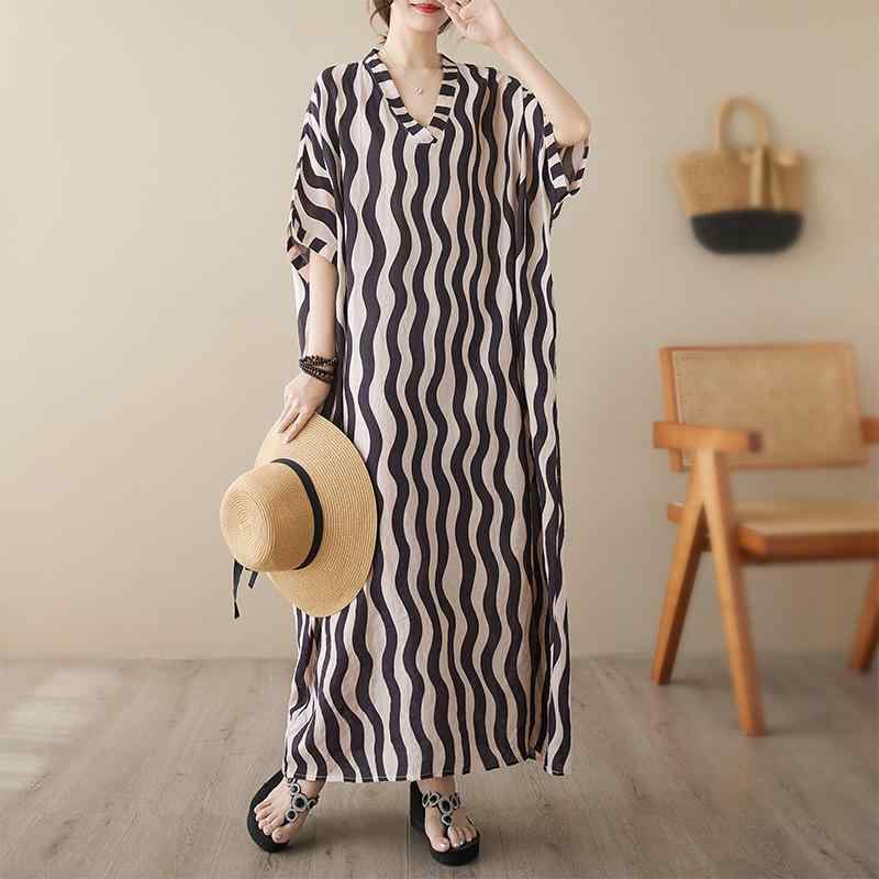 ワンピース 復古 中長丈 大サイズ ゆったり 薄手 コットン リネン 波状ストライプ プリント エレガント エスニック 夏 吸湿速乾 軽量・カテゴリ: スカート・スタイル: ヴィンテージ風・主な素材: リネン30%-50%・ネックライン: ...