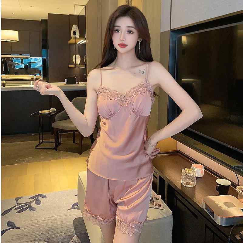 ナイトウェア レディース 春夏 接触冷感 吸湿速乾 伸縮性 セクシー 風 ストラップ ショートパンツ セット 胸パッド付き ビッグサイズ