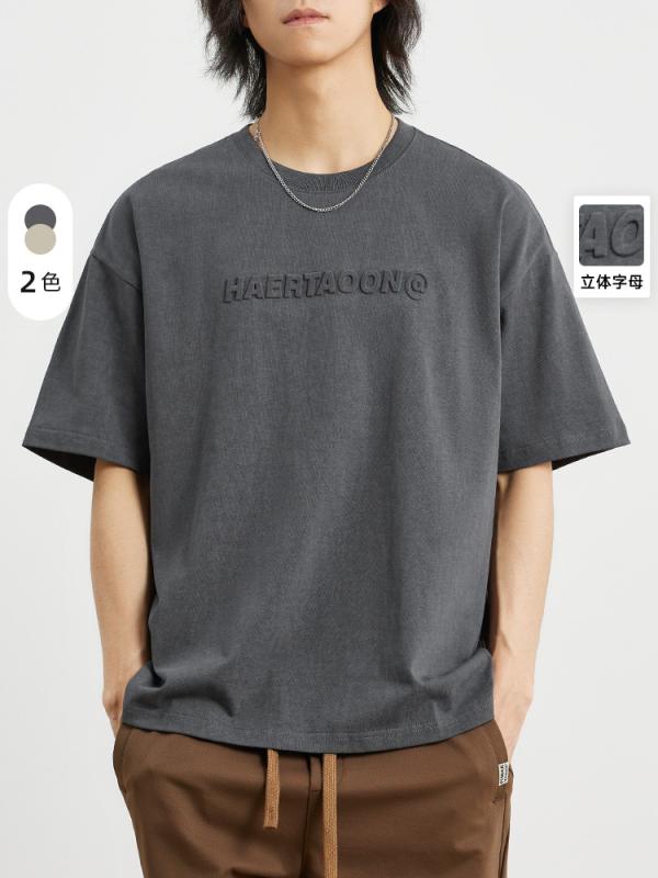 Rakuten - Yizhi メンズ 250 グラムアメリカンヘビーウェイト 半袖 Tシャツ メンズ 夏 レ トロ アンティークスチールプリントプリントコットンシャツ