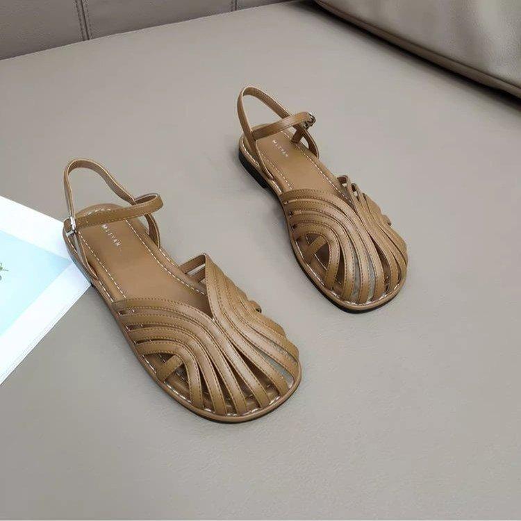 レディース サンダル 平底 レトロ編み ローマサンダル 指先隠れ 包頭 春夏 普段使い 麻素材 軽量 接触冷感