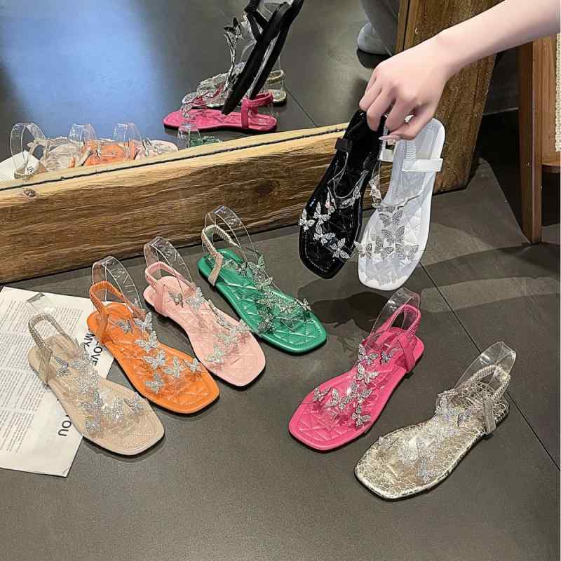 Rakuten - レディース サンダル 夏 フレンチスタイル フェアリー風 フラット 普段使い 水晶 接触冷感 かわいい 軽量 吸湿速乾 通勤用 オープントゥ ストラップ 高級感