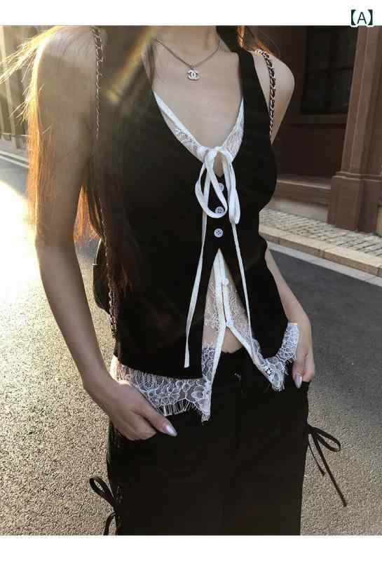 トップス 女性用 ブラック レース素材 セクシー スリム 無袖 肩紐 結び紐 サスペンダー 夏 外着 普段使い 通勤用 伸縮性 軽量 吸湿速乾 接触冷感