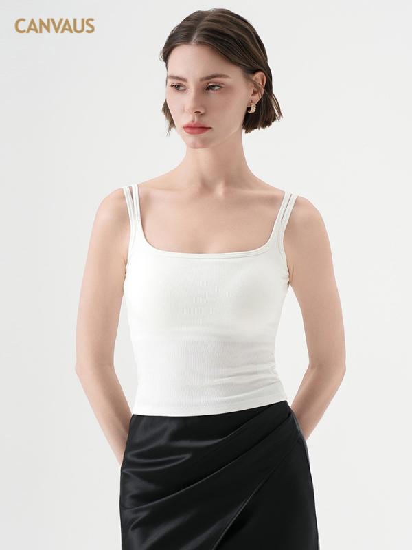 レディース 夏 クロップド キャミソール リブ編み 無地 胸パッド付き ストラップ 普段使い インナー 接触冷感 綿 ハイウエスト アイボリー