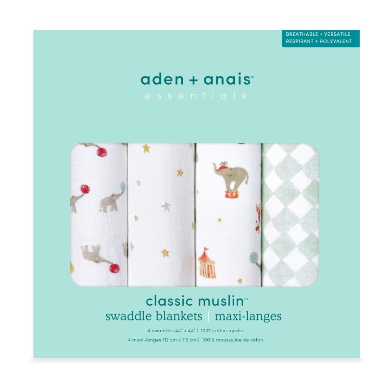 aden + anais essentials(エイデンアンドアネイエッセンシャルズ)スワドル おくるみ elephant circus デザイン 4枚セット モスリンコットン 新生児 モロー反射対策 出産祝い ベビーギフトSWADAEESWC40032