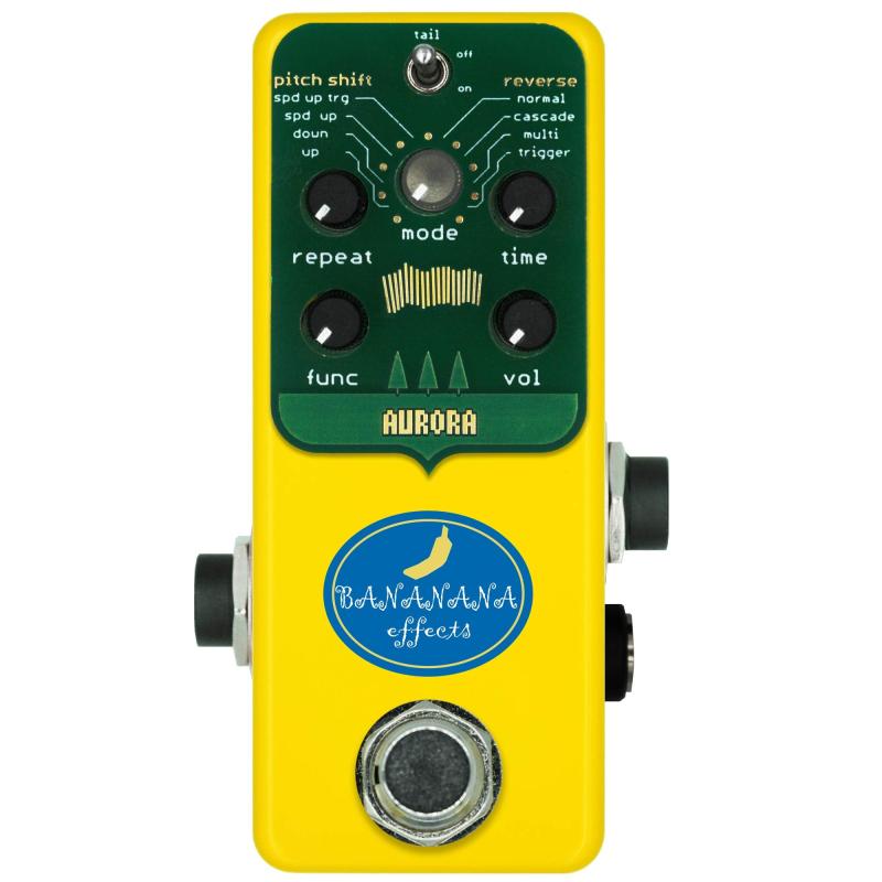 BANANANA effects バナナナエフェクツ/AURORA Multi Delay ディレイクロマチックでピッチシフトするディレイ、倍速、4倍速で再生するディレイ、1/2倍速、等速、倍速で再生するリバースディレイ、入力音が途絶えた瞬間をトリガーにし自動サンプリングされた直前のフレーズをループ再生する倍速トリガーディレイなど、実験的で挑戦的なサウンドメイクが可能なペダルモード：Pitch Up, Pitch Down, Speed Up, Speed Up Trigger, Reverse, Cascade Reverse, Multi Reverse, Reverse Triggerサイズ：W52mm D93mm H49mmバイパス方法：トゥルーバイパス　入力インピーダンス：1M電源：9vDCアダプター（2.1mm、センターマイナス）　消費電流：約60mA