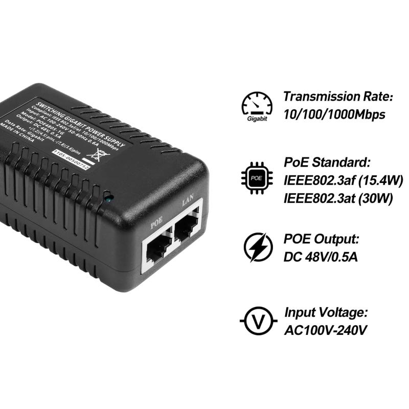REVODATA 48V ギガビット パッシブ PoE インジェクター、PoE 48V/0.5A 出力、US ケーブル付き、10/100/1000Mbps、最大距離 100m、プラグアンドプレイ PoE アダプター (POE4805-G)