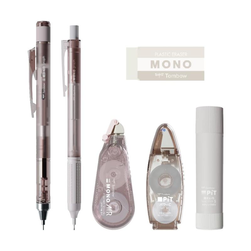 トンボ鉛筆 MONO × PiT 文房具セット パステルグラス ブラウン 6点セット (シャーペン0.5mm×2本 消しゴム スティックのり 修正テープ テープのり) PCC-644BAZ loeuf-10305831 loeuf パッケージ画像