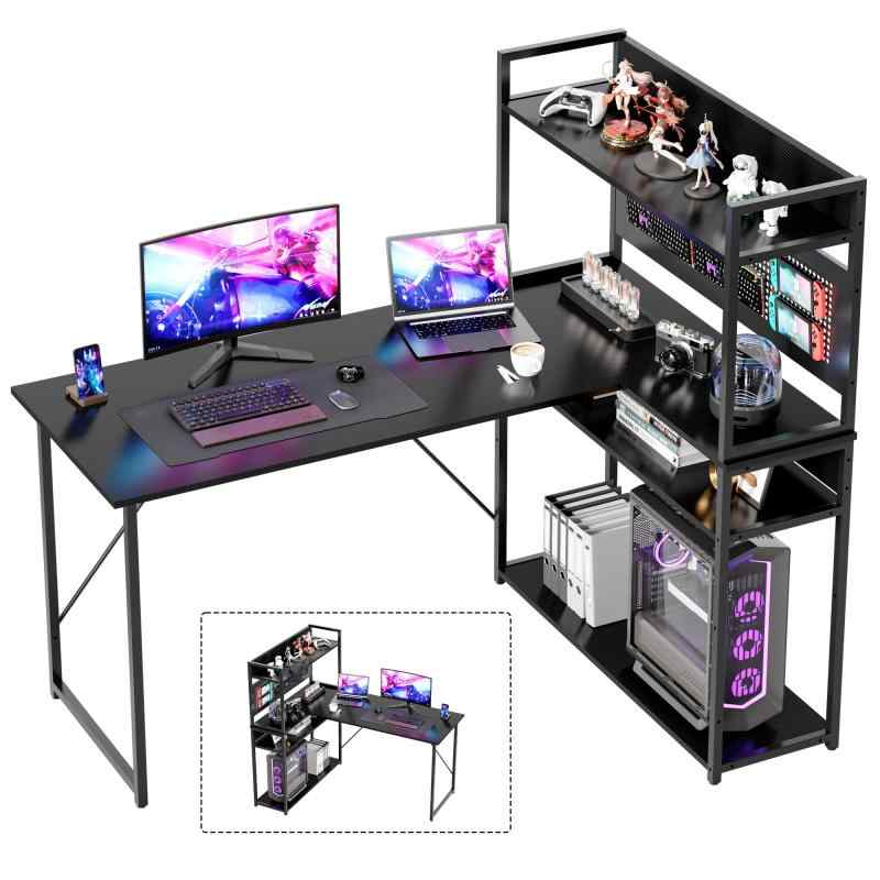 Alebert デスク 机 L字デスク パソコンデスク「メーカー一年」 幅107cm 机 勉強机 テーブル 作業机 ラック付き l字型 棚板高さ調節可能 省スペース