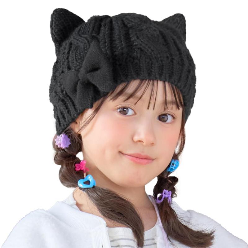 Rakuten - [アリサナ] ニット帽 キッズ ケーブルニット 子供用 女の子 リボン 防寒 猫耳