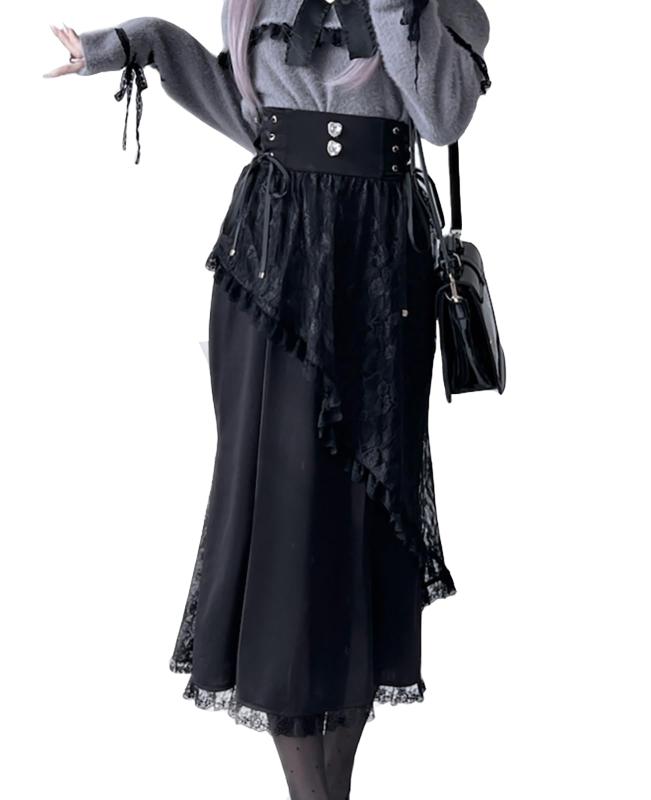 [XHSUKADO] バックリボン マーメイドスカート レディース ロング丈 地雷系 大人 かわいい ロングスカート レースアップ リボン フリル レース 清楚系 エレガント ファッション ハイ