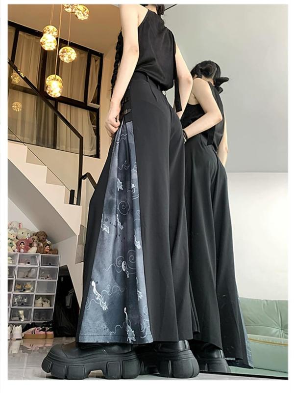 [ZHONGJUE] 和風 袴パンツ ガウチョパンツ ゆったり ロングパンツ はかまパンツ キュロット ストリート 切替え 和柄 ワイドパンツ 病み系 モード チャイナ風 チャイナパンツ 男女兼 2