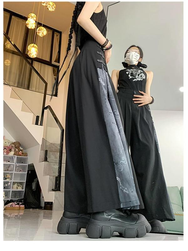 [ZHONGJUE] 和風 袴パンツ ガウチョパンツ ゆったり ロングパンツ はかまパンツ キュロット ストリート 切替え 和柄 ワイドパンツ 病み系 モード チャイナ風 チャイナパンツ 男女兼 3