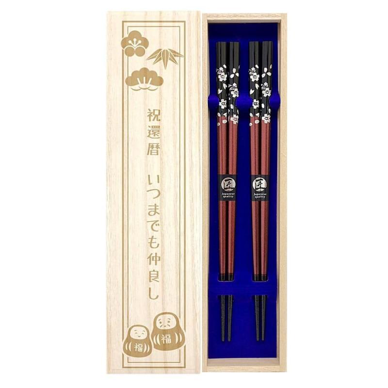 ●夫婦箸 【食洗 銀桜花（赤・赤）】 デザイン桐箱・ラッピング付き 食洗 食洗機対応 食洗対応 還暦 還暦祝い 還暦ギフト かんれき ペア セット おじいちゃん おばあちゃん お父さん お母