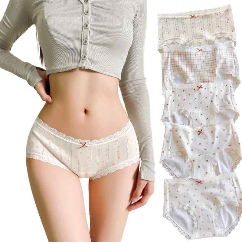 [MeatRoot] レディース ショーツ セット 中腰綿製 透気フレンチレース小碎花・格子プリント 女性用大きいサイズ M - L パンティ 肌着 綿製底裆 吸湿性高い肌着 柔らか 多色肌着 通気 伸縮 響か