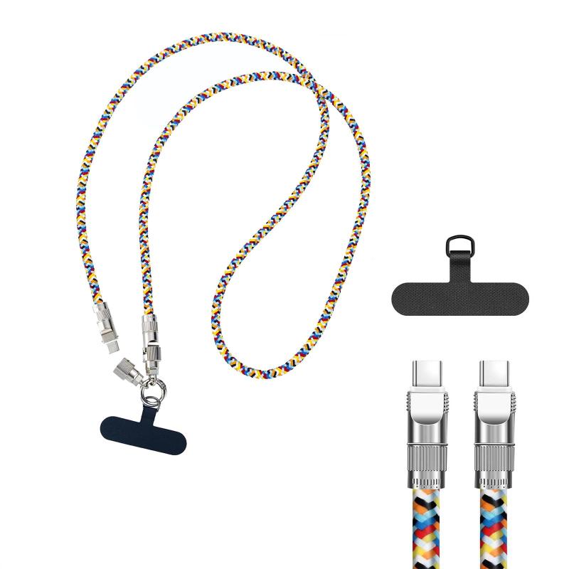[FUYUERO] タイプc ストラップ, 65W Type C ケーブル 30CM ハンドストラップ付き,一つで二役 USB-C to USB-C,紛失防止,編み 高耐久 スマホストラ,ップケーブル pd超高速充電対応レインボー)