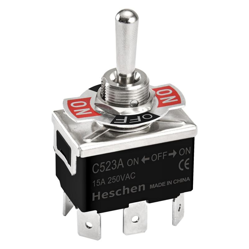 Heschen メタルトグルスイッチ C523A DPDT ON-OFF-ON 6極 3ポジション 保持型 (ラッチング) 15A 250VAC 金属製 大電流 平型タブ端子 CE認証