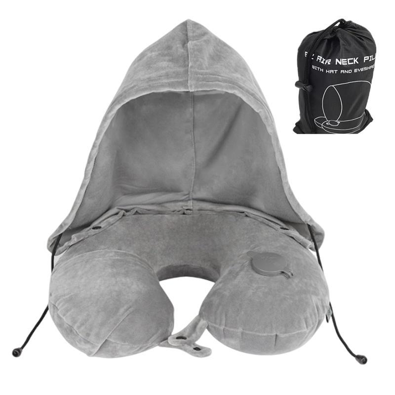 PRETOLE ネックピロー U型 フード付き コットン 首枕 携帯枕 エアーピロー ポンプ式膨らませる 収納ポ..