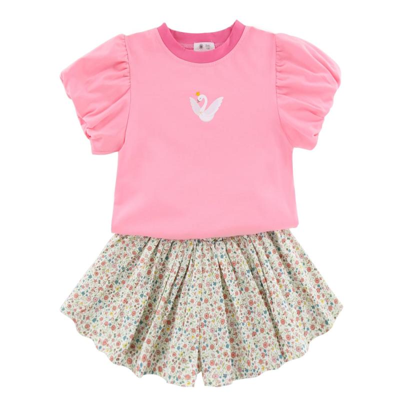 [Enfants Chéris] 子供服 女の子 半袖 tシャツ キュロットスカート 綿 夏服 ガールズ 上下セット 花柄 トップス ショートパンツ スカート Aライン 半ズボン 2点 可愛い お洒落 90 100 110 120 130 140