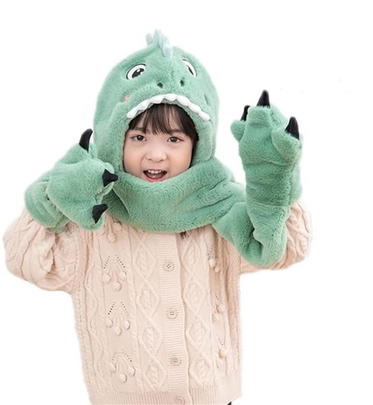 Rakuten - [Afindern] アニマル帽子 キッズ 恐竜 帽子 マフラー 手袋 一体型 可愛い フェイクファー もこもこ あったか ぬくぬく 防寒対策 お 出かけ 雪遊び 通学 誕生日 クリスマス プレゼント 子供向け
