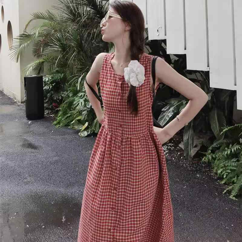 Rakuten - ワンピース レディース 夏 韓国 ピタート フレンチ レトロ 赤 チェック ベスト付き ウエストシェイプ Aライン ロングスカート 綿 接触冷感 軽量