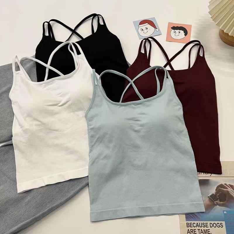 トップス レディース クロスストラップ キャミソール 胸パッド付き 内アウター 細見え スリムフィット レイヤードトップ 軽量 伸縮性 ..