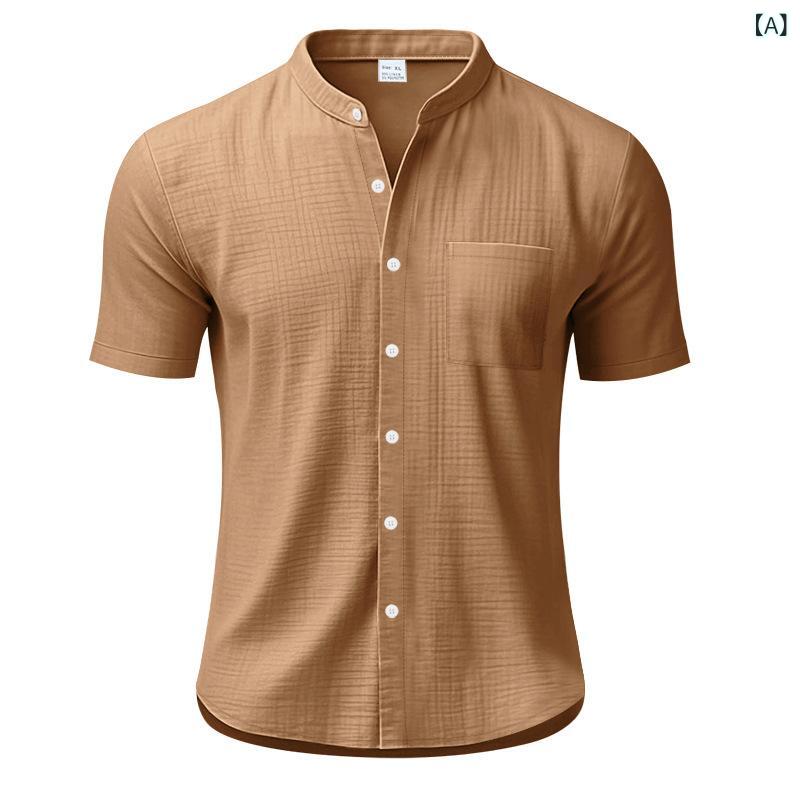 Casual Shirts - シャツ 男性用 麻 半袖 夏 単色 スタンドカラー ポケット ビッグシルエット カジュアル トップス 普段使い 軽量 吸湿速乾 自然素材 シンプルデザイン 屋外用