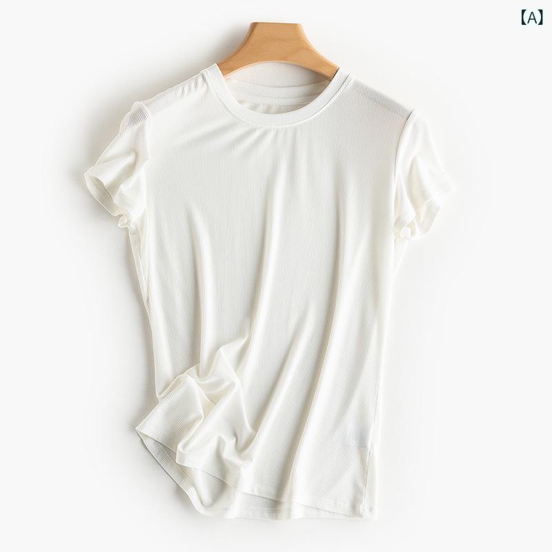 Tシャツ レディース シルク 肌に優しい リブ 半袖 スリム ニット インナー 夏 接触冷感 吸湿速乾 トップス 普段使い loeuf-10369869 loeuf サンプル画像2