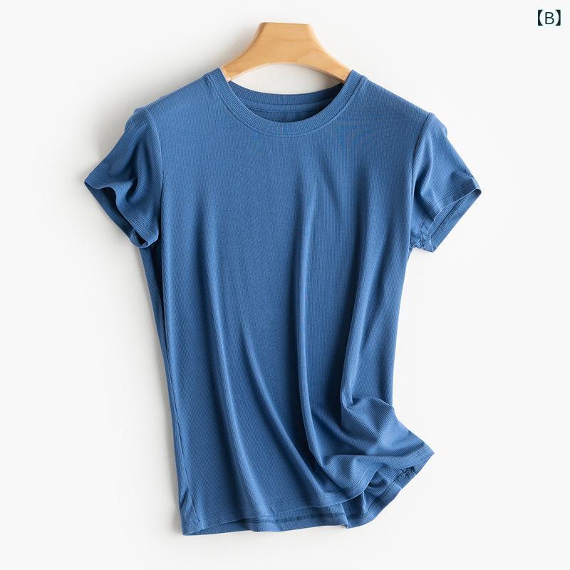 Tシャツ レディース シルク 肌に優しい リブ 半袖 スリム ニット インナー 夏 接触冷感 吸湿速乾 トップス 普段使い loeuf-10369869 loeuf サンプル画像3