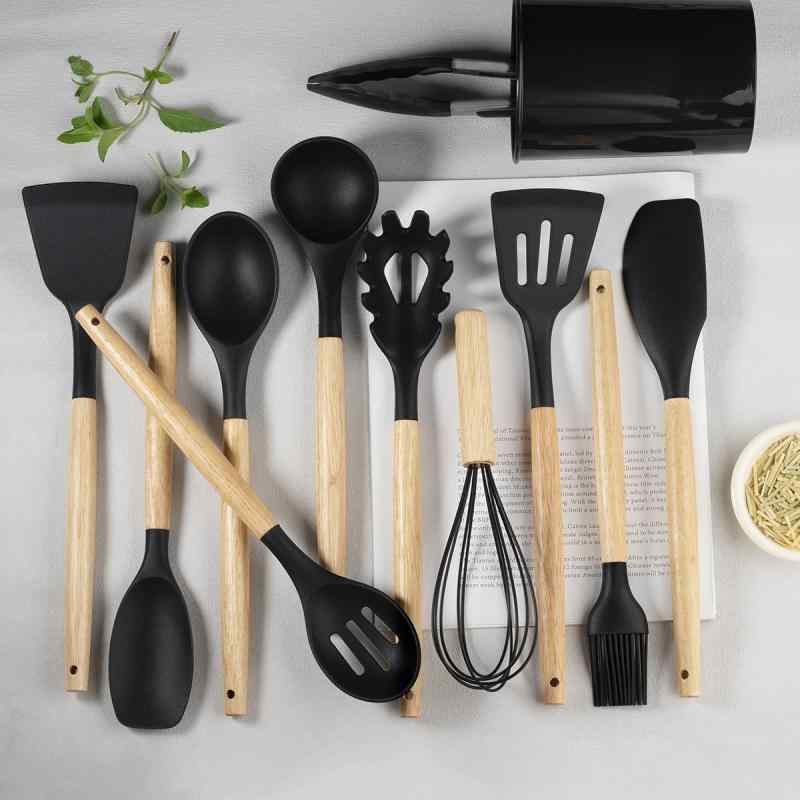 Set - キッチンセット 収納バケツ ブラック カーキ 木目調 シリコン製 調理用具 11点セット キッチン用品 収納便利 シリコン素材 調理便利