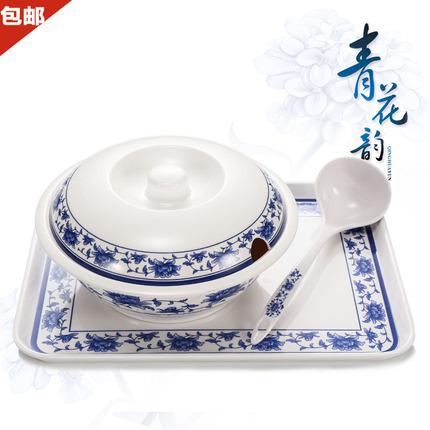 スープボウルセット メラミン製 青花柄 大サイズ スープ盆 蓋付き 円形 プラスチック セット 業務用食器 軽量 耐久性 洗いやすい 青系