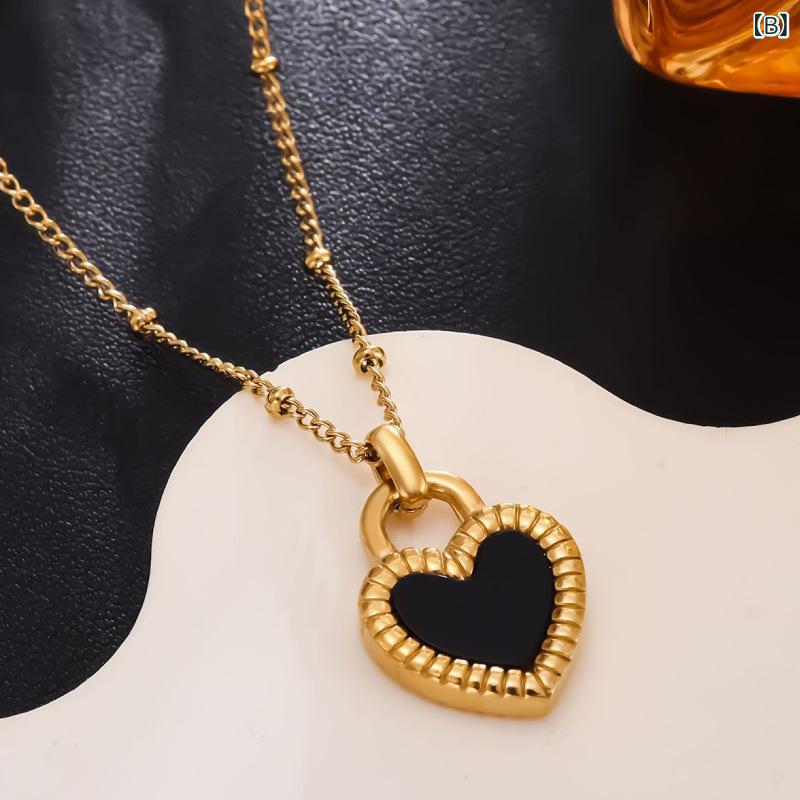 レディース ネックレス 黒白 両面 ハート 鎖骨 チェーン 桃心 ペンダント シルバー メッキ かわいい ラッキーアイテム