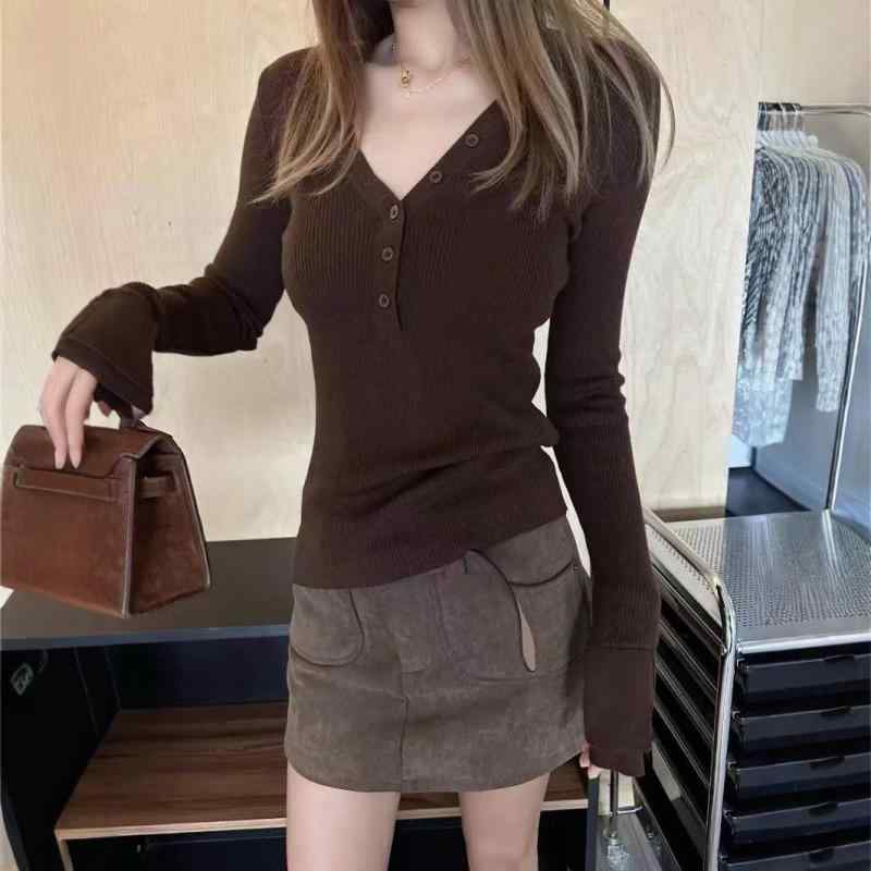 レディース ニット 春季 韓国 Vネック ウエストシェイプ 修身 インナー トップス 伸縮性 吸湿速乾 かわいい