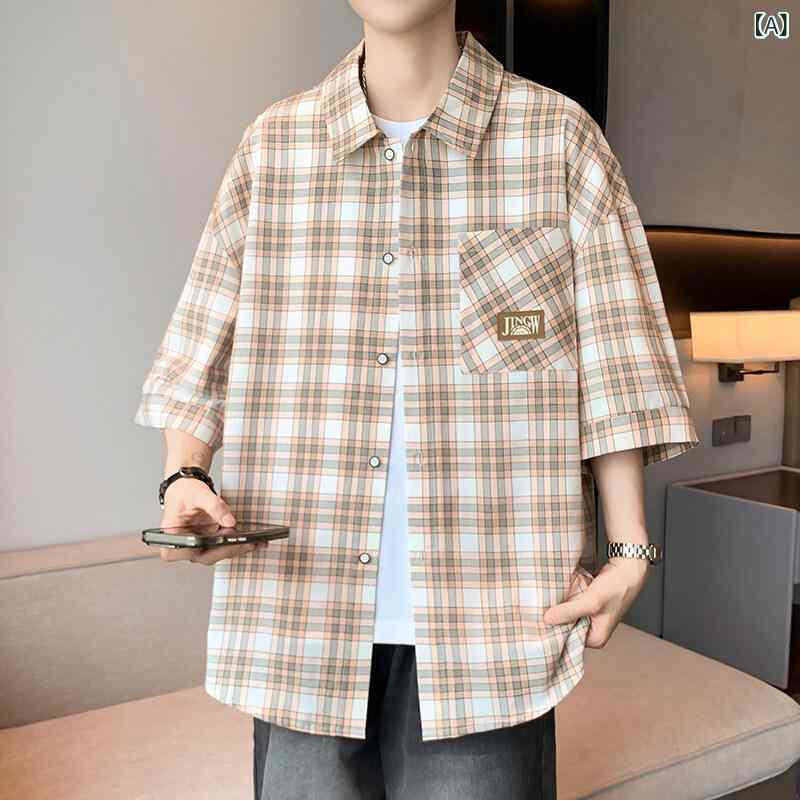 Long-Sleeve （Shape Holding） - シャツ メンズ 夏 半袖 香港風 トレンド ビッグシルエット ティーンズ チェック トップス 普段使い 綿 軽量 伸縮性 吸湿速乾 高級感 アウトドア