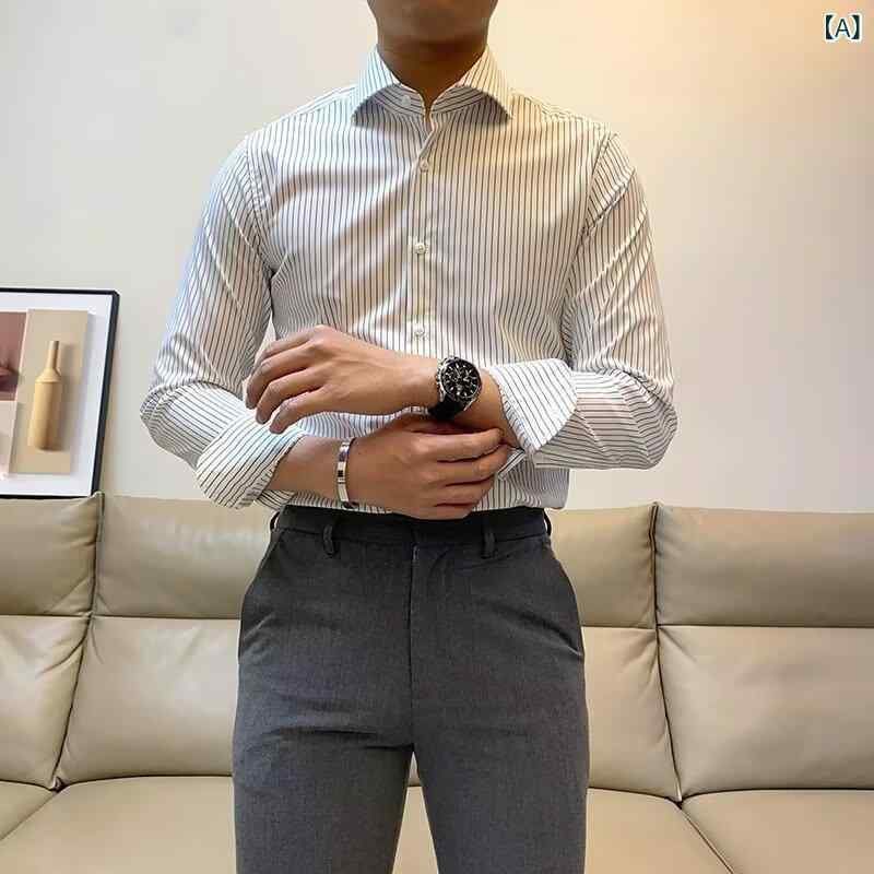 Other - シャツ メンズ 男性用 長袖 トップス 普段使い 通勤用 英国風 スリムフィット ストライプ チェック 吸湿速乾 軽量 コットン ポリエステル モノトーン 伸縮性