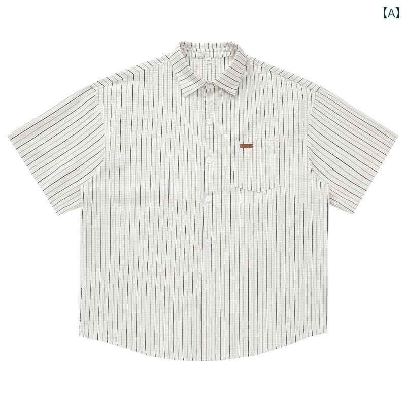 Long-Sleeve （Shape Holding） - シャツ メンズ 短袖 トップス ストライプ 微細シワ コントラストカラー ルーズフィット カジュアル ターンチャウン ジャケット 普段使い サマー 軽量 接触冷感 綿