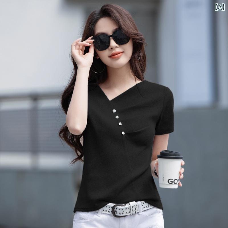 Rakuten - レディース トップス Tシャツ 夏 イレギュラーシルエット 短袖 クロス Vネック ウエストイン 細見え 伸縮性 接触冷感 綿 普段使い