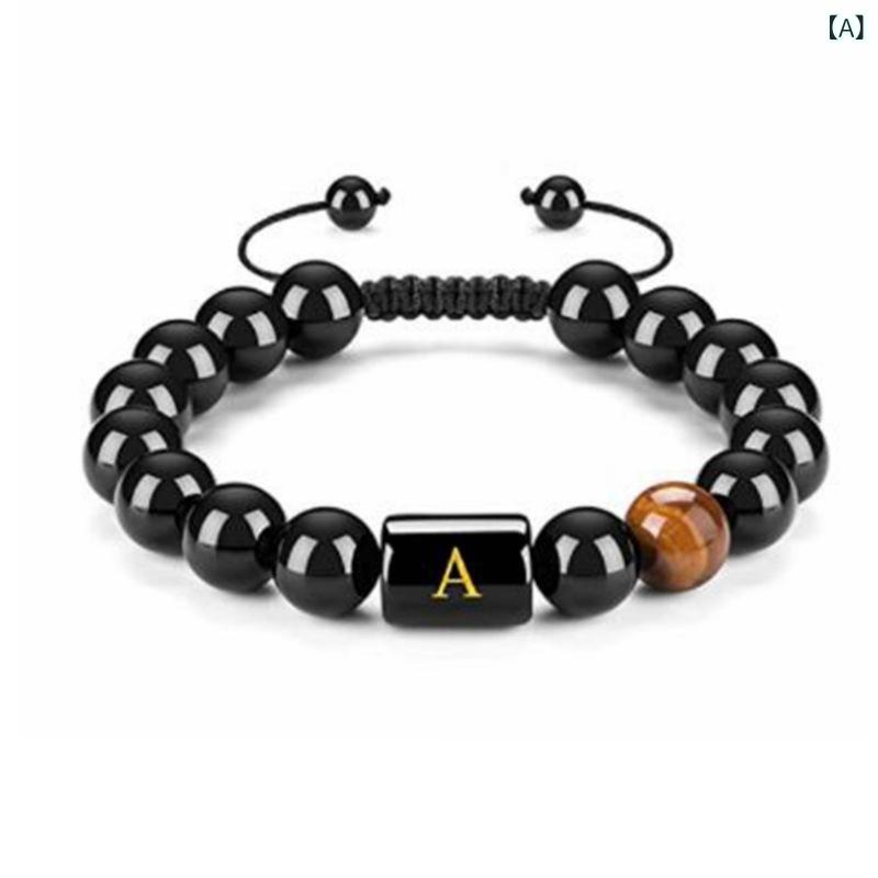 Jade - レディース ネックレス 黒瑪瑙 天然石 アルファベット 編み ビーズ 調節可能 アクセサリー 普段使い 高級感 ブラック