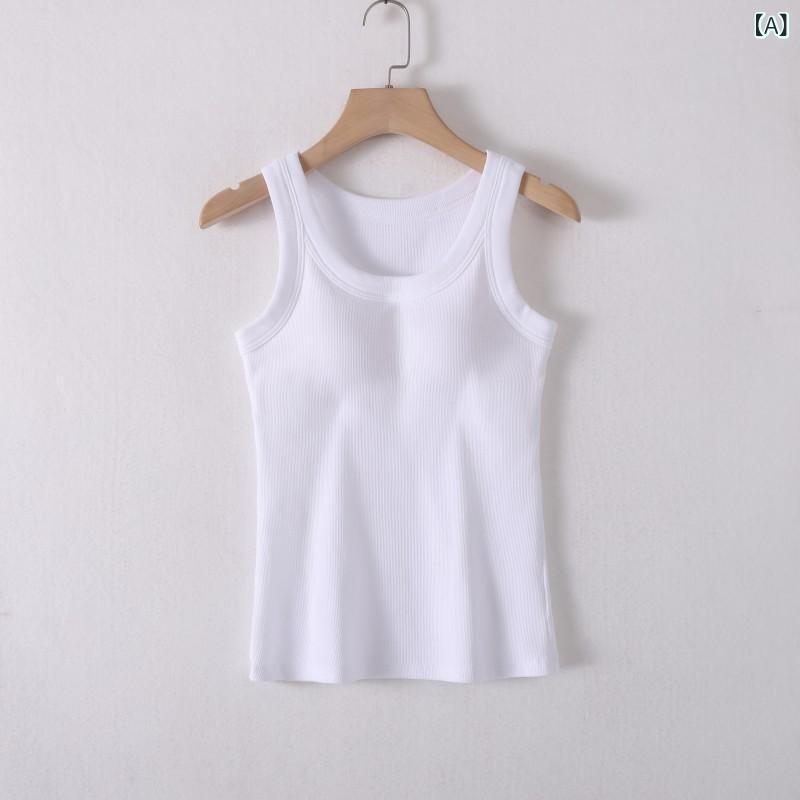 Camisoles - レディース キャミソール トップス 女性用 綿 胸パッド付き ストラップ フィット ノースリーブ セクシー インナー ブラ一体型 リブ加工 伸縮性 吸湿速乾 普段使い 部屋着 軽量