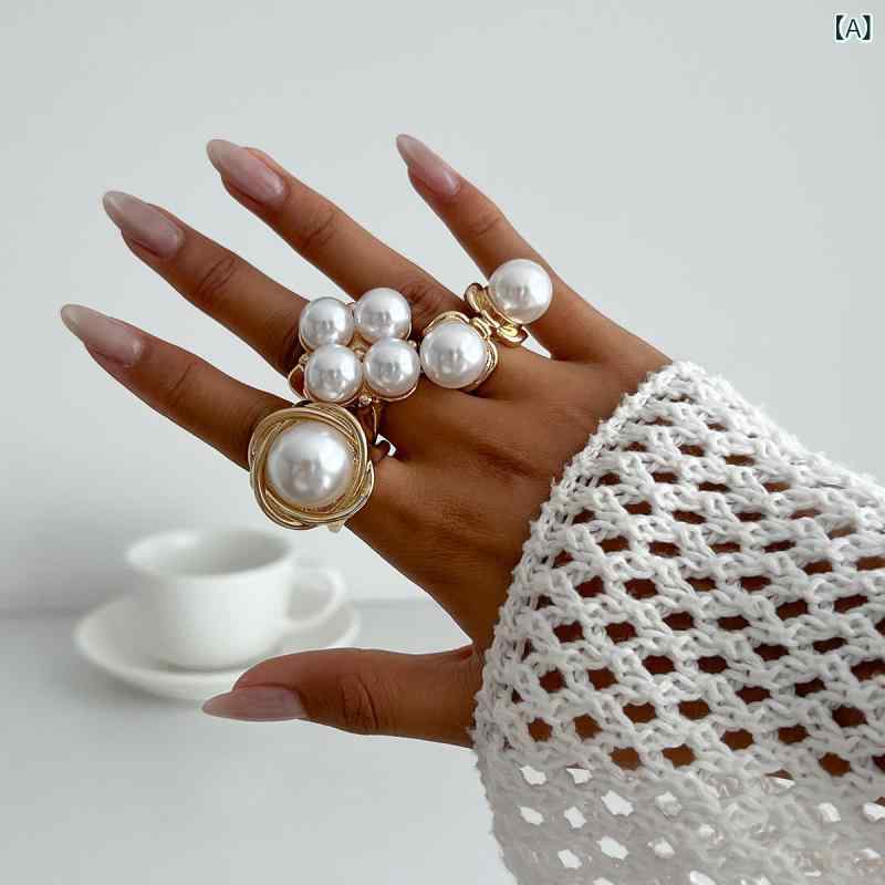 Rings - 指輪 レディース 欧米風デザイン 不規則形状 金属光面 バロック風 フェイクパール ジョイント ファッション 普段使い 高級感