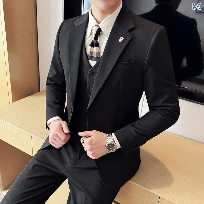 スーツ 男性用 春 ビジネススーツ 3ピース スリムフィット シングルボタン ベストマン 礼服 高級感 結婚式用 フォーマル ビジネス用