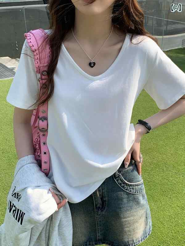 T-Shirts - トップス レディース Vネック 夏 白 短袖 ルーズ ワイドネック ロー 綿 細見え 吸湿速乾 接触冷感