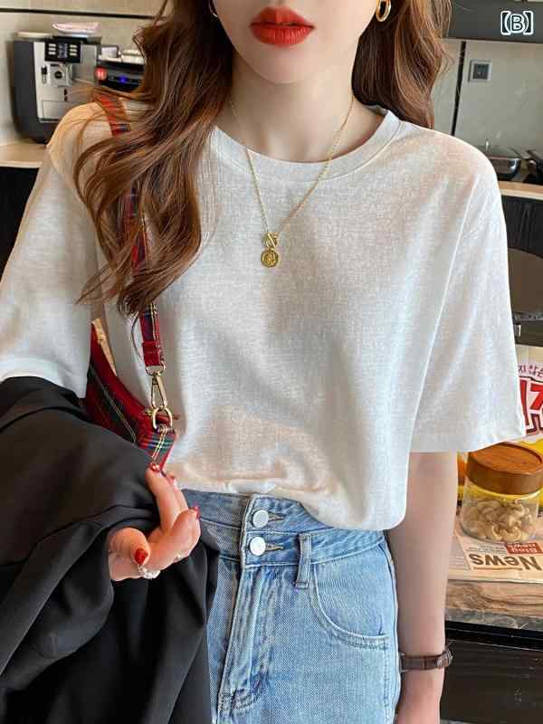 レディース トップス 夏 半袖 Tシャツ ホワイト 薄手 ビッグシルエット ラウンドネック 軽量 綿 吸湿速乾