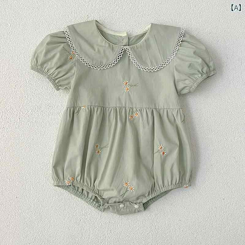 loeufのロンパース ベビー 女の子 半袖 丸襟 刺繍 姉妹 お揃い 子供服 ベビー服 夏 軽量 伸縮性 接触冷感 吸湿速乾 高級感 綿 麻 再生繊維 体系カバー 大きいサイズ プラスサイズ ゆったり 着痩せ 細見え お腹周り 二の腕カバー 体型カバー｜アングル2